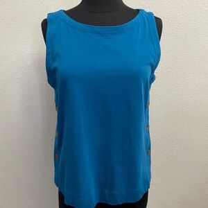 LOFT Womens Medium Blue Tank Top  Side Button Cotton Sleeveless Shell